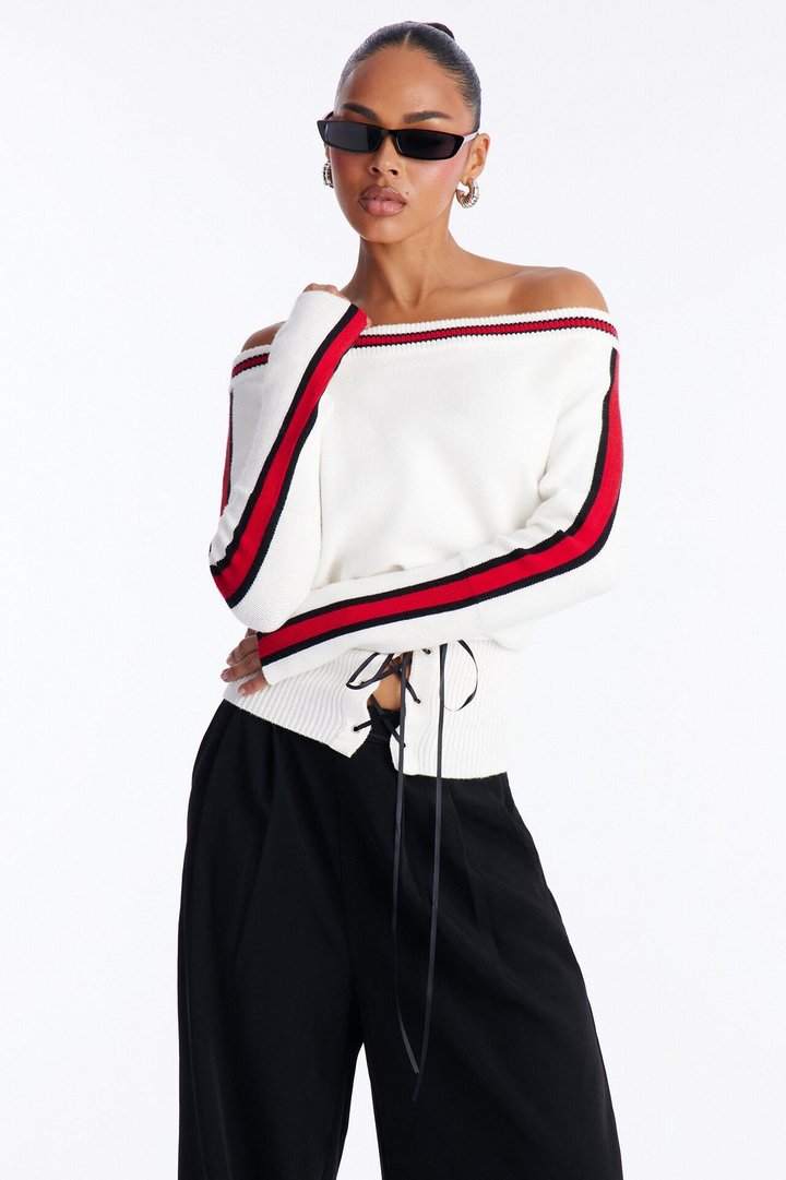 All You Need Off Shoulder Lace Up Sweater Top - White/combo