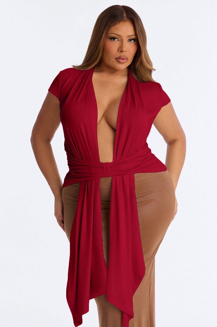 Vividly Sharp Drape Short Sleeve Top - Red