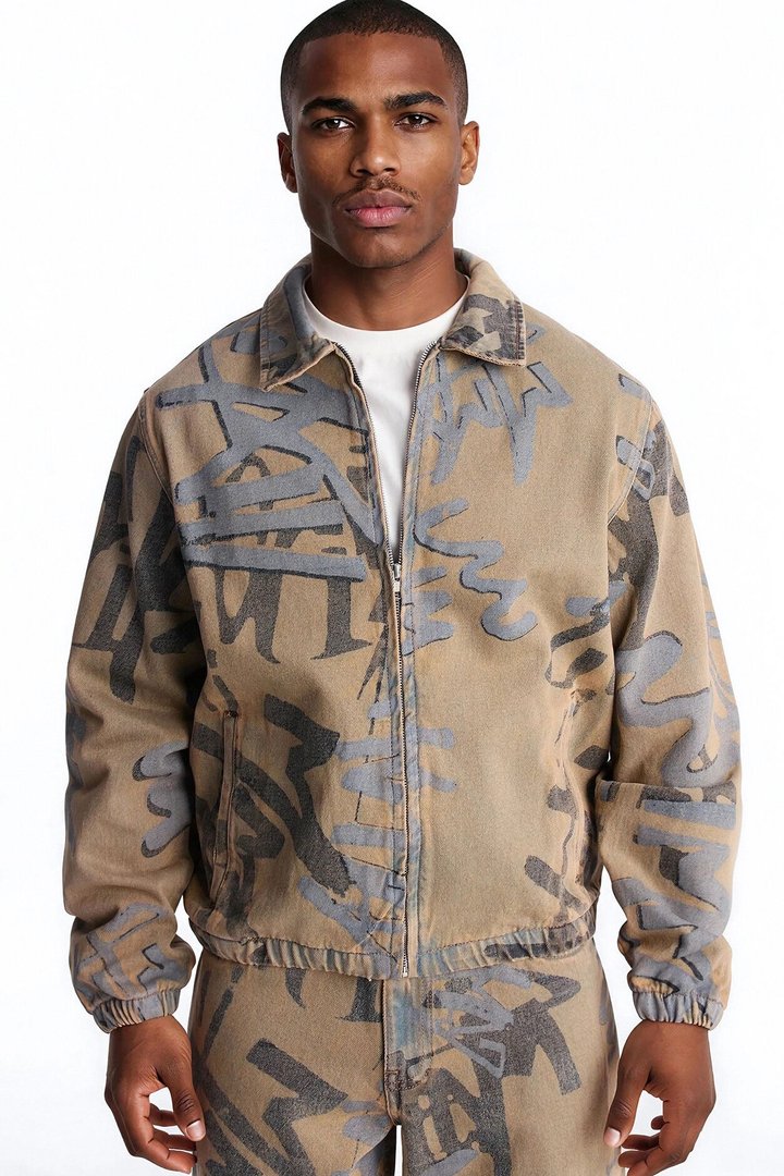 Vintage Graffiti Denim Bomber Jacket - Vintage Wash