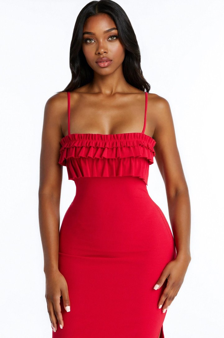 Paloma Ruffle Ribbed Midi Dress - Red