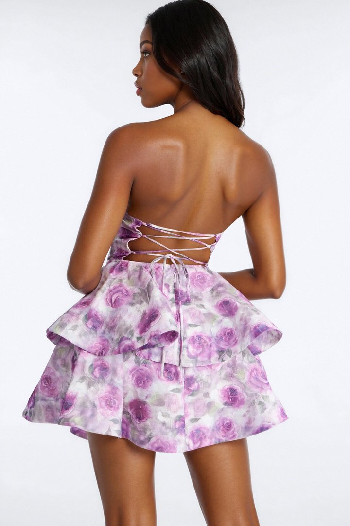 A Rosy Situation Strapless Jacquard Mini Dress - Purple/combo