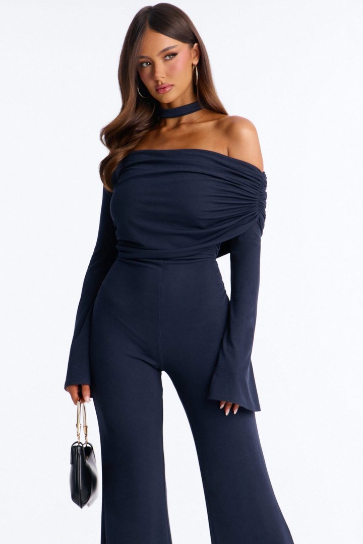 Kendall Choker Flare Leg Jumpsuit - Navy