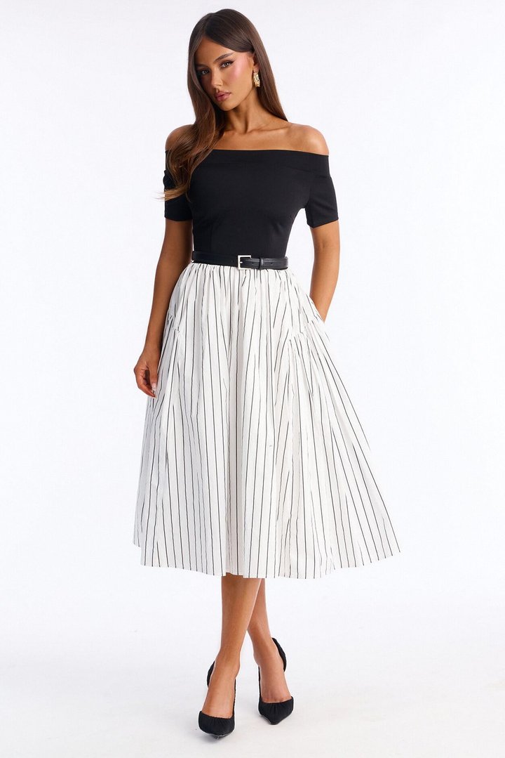 Harlow Pinstripe Midi Dress - Black/White