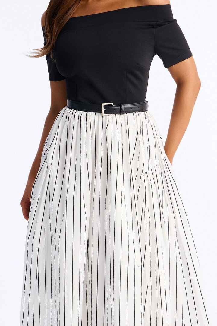 Harlow Pinstripe Midi Dress - Black/White
