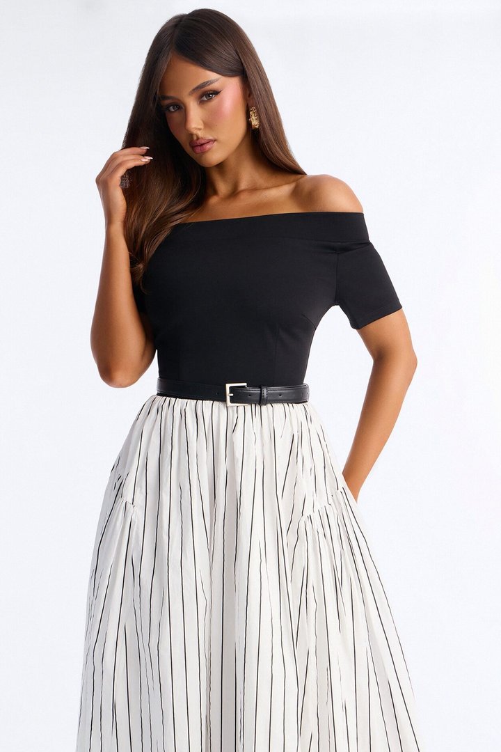 Harlow Pinstripe Midi Dress - Black/White