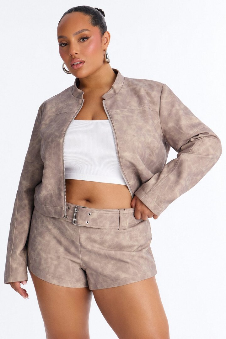 Simone Washed Faux Leather Jacket - Stone