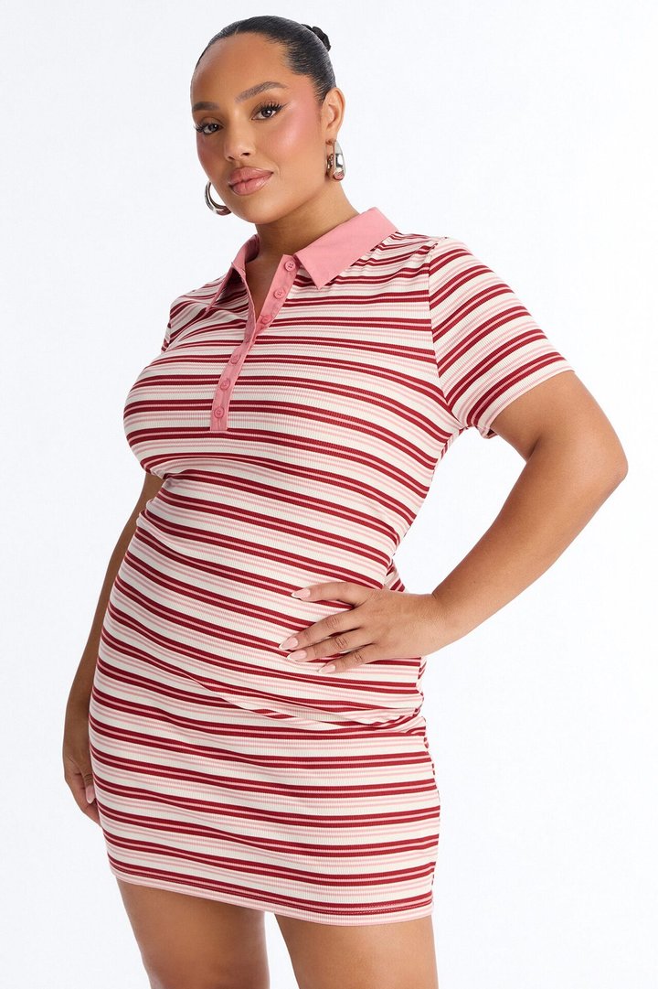 School Night Short Sleeve Ribbed Mini Dress - Pink/combo