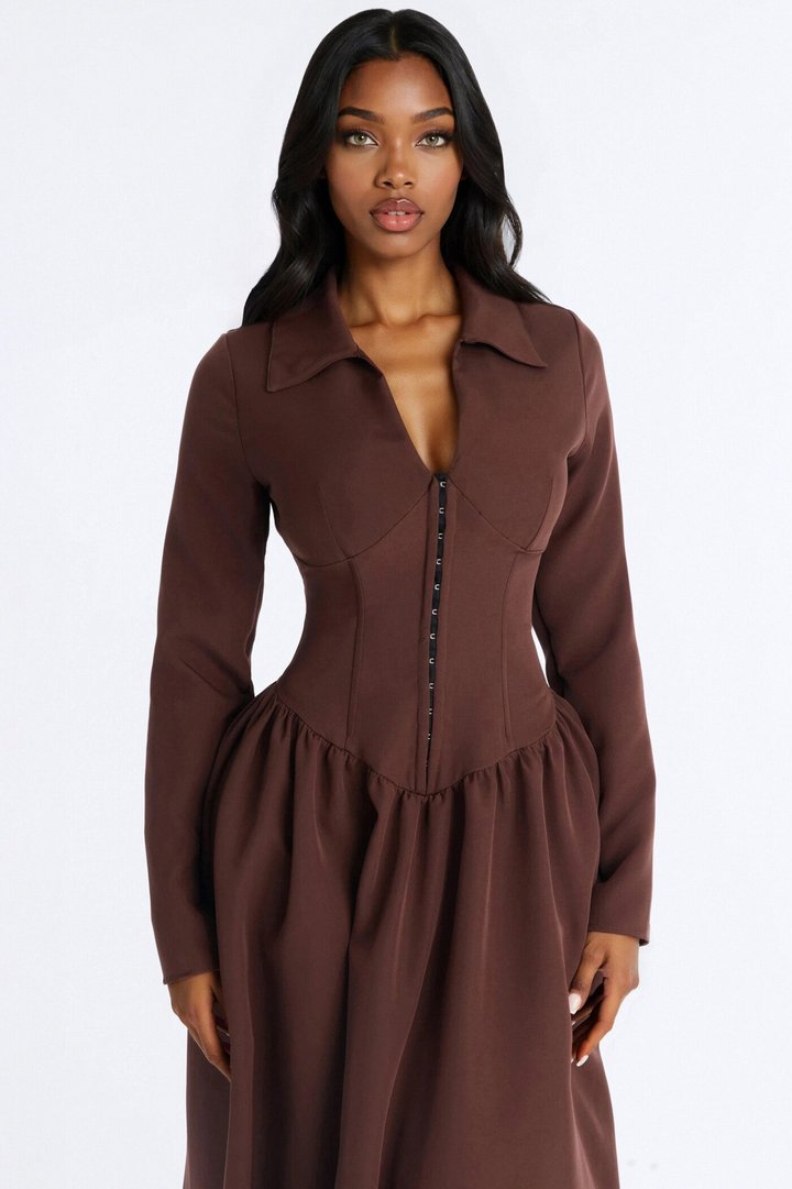 Paloma Corset Drop Waist Midi Dress - Brown
