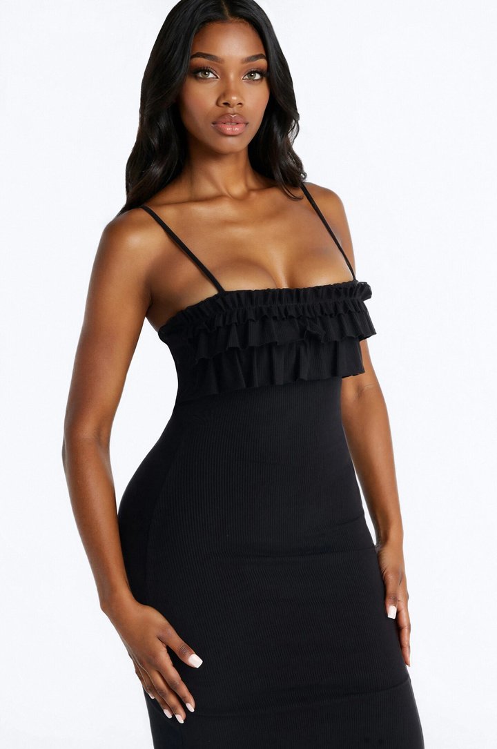 Paloma Ruffle Ribbed Midi Dress - Black
