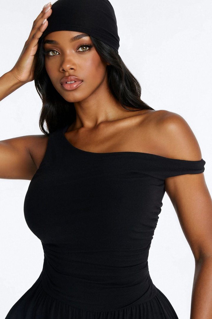 Monica Ruched Romper And Headscarf 2 Piece Set - Black