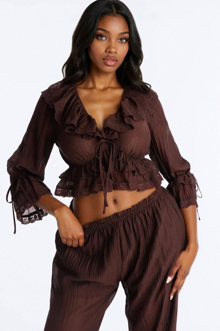 Hazel Ruffled Pant Set - Brown