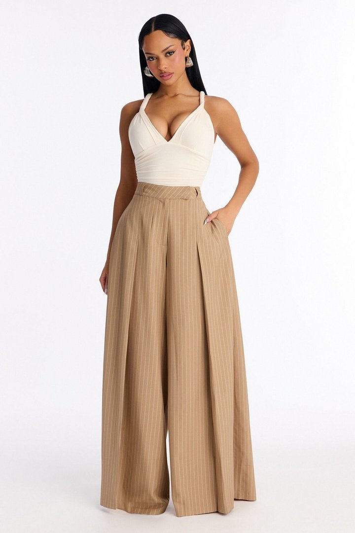 Catch A Break Pinstripe Wide Leg Pant 33″ - Taupe/combo