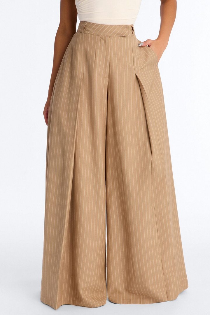 Catch A Break Pinstripe Wide Leg Pant 33″ - Taupe/combo
