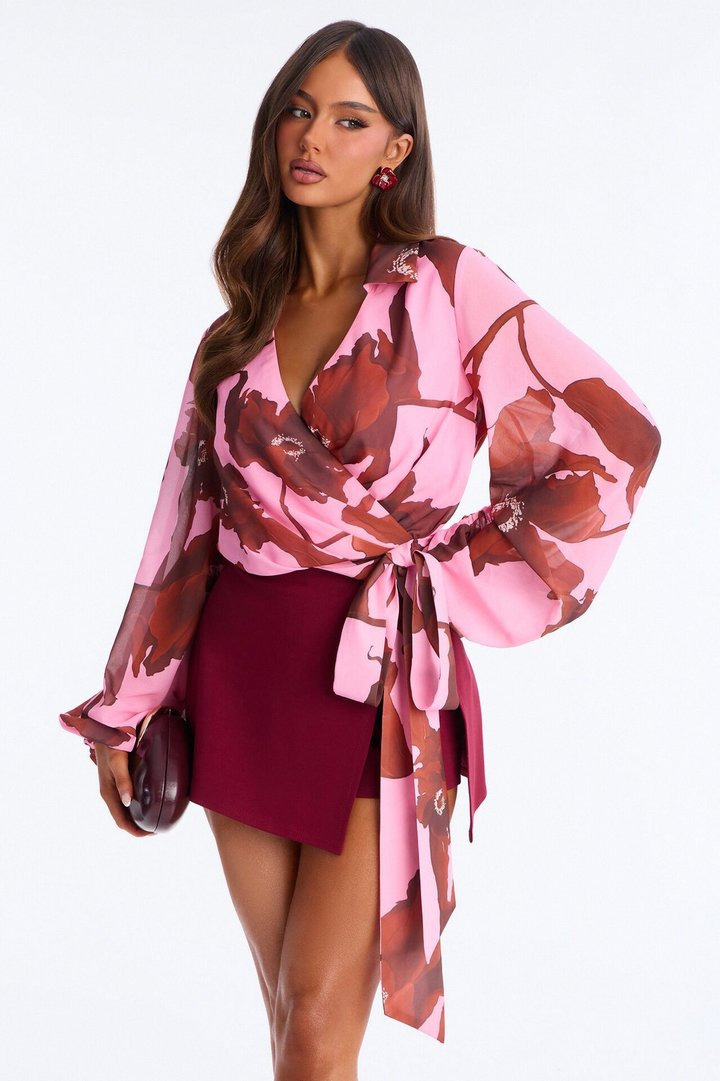 Fresh Cut Florals Tie Waist Chiffon Bodysuit - Pink/combo