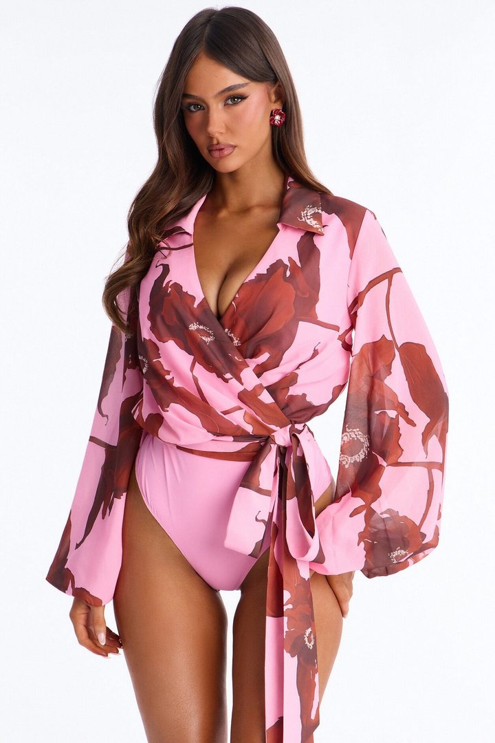 Fresh Cut Florals Tie Waist Chiffon Bodysuit - Pink/combo