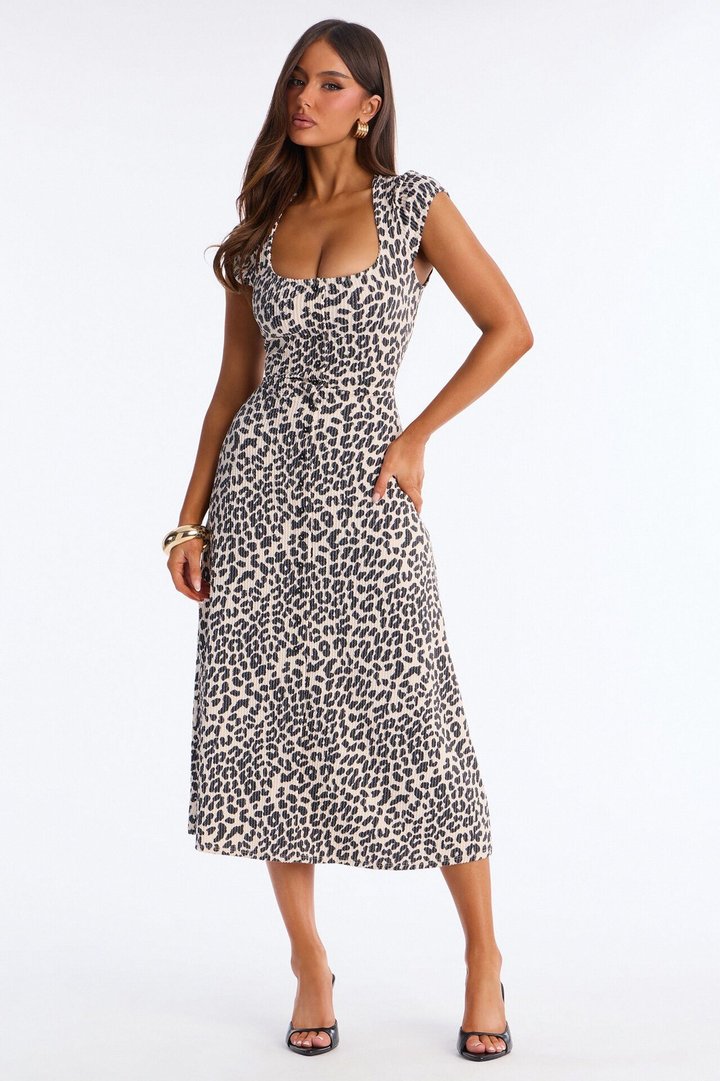 Catherine Leopard Ribbed Midi Dress - Taupe/combo