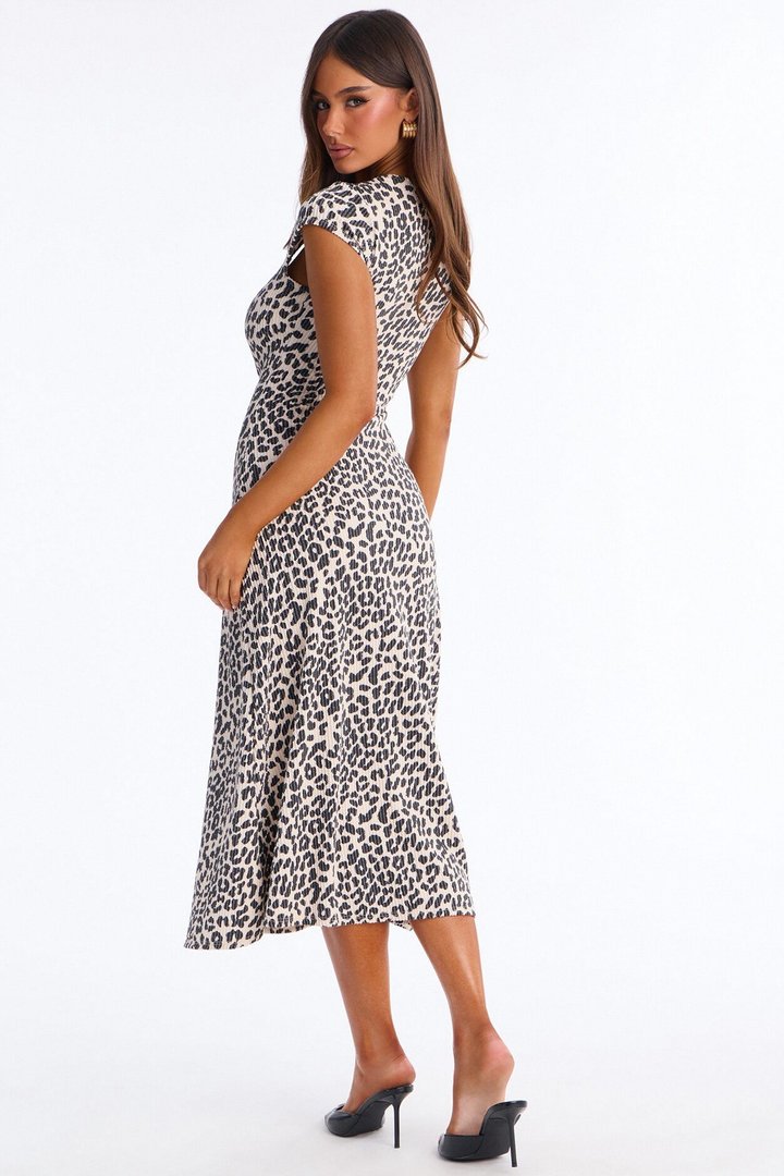 Catherine Leopard Ribbed Midi Dress - Taupe/combo