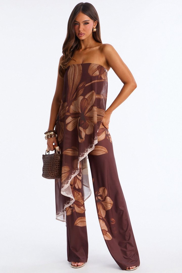 Island Time Asymmetrical Floral Wide Leg Jumpsuit - Brown/combo
