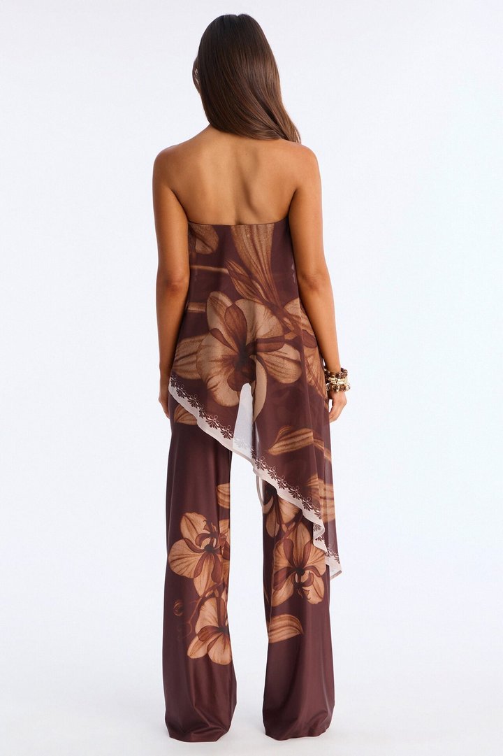Island Time Asymmetrical Floral Wide Leg Jumpsuit - Brown/combo