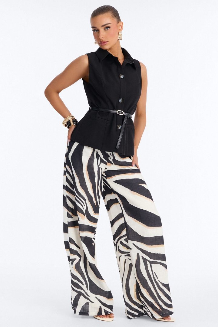 Lola Zebra Print Belted Pant Set - Black/combo