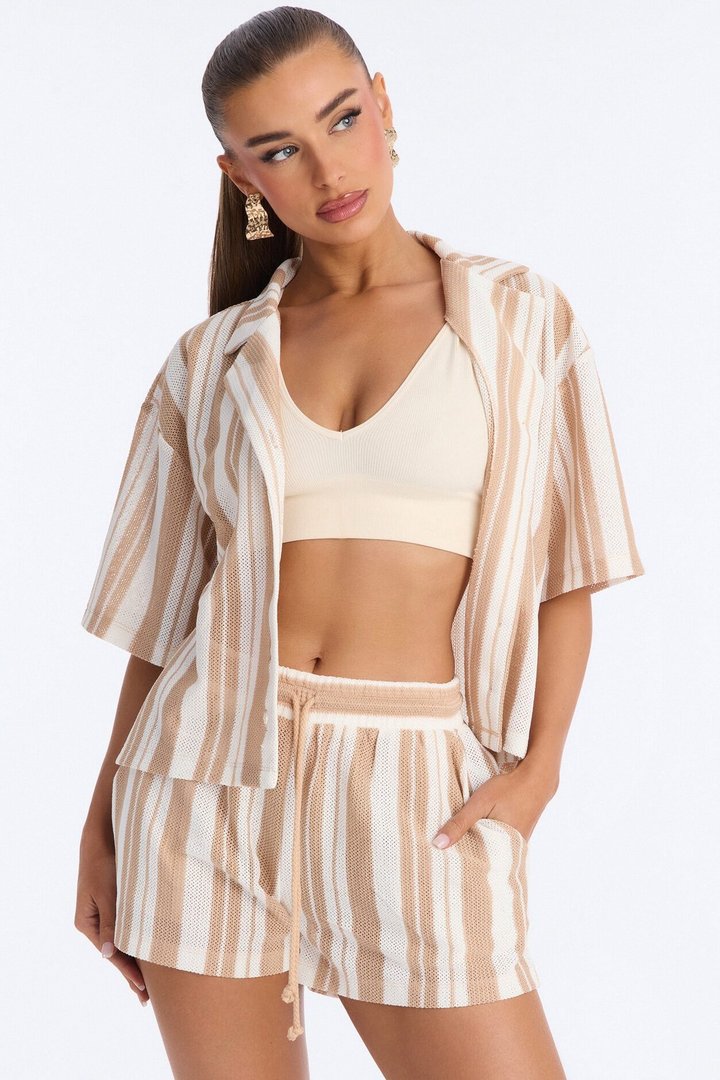 Lea Crochet Stripe Short Set - Taupe/combo