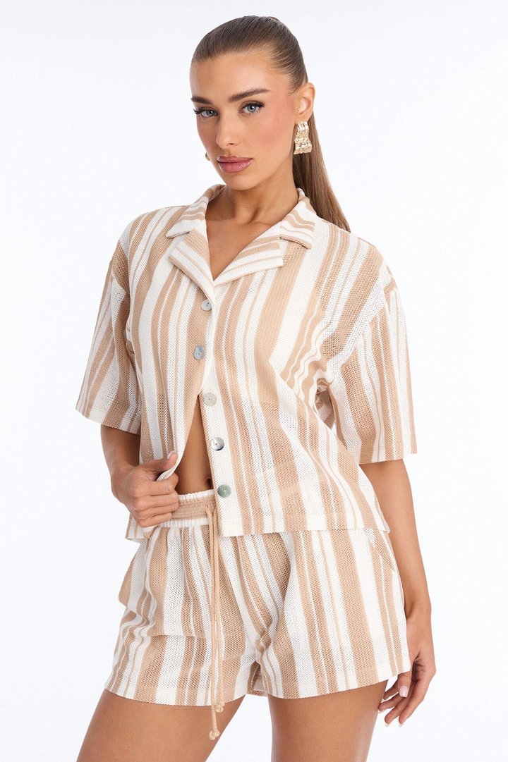 Lea Crochet Stripe Short Set - Taupe/combo