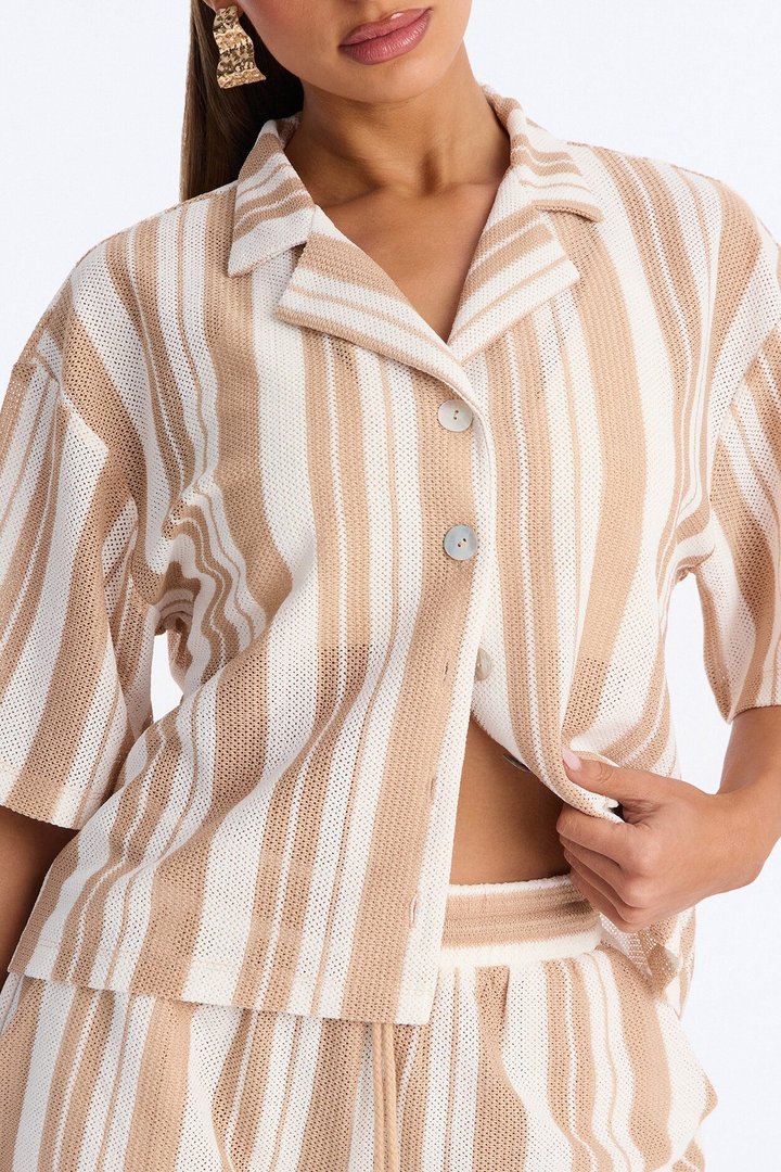 Lea Crochet Stripe Short Set - Taupe/combo