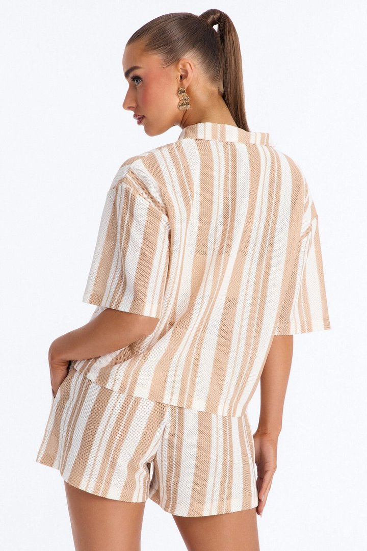 Lea Crochet Stripe Short Set - Taupe/combo