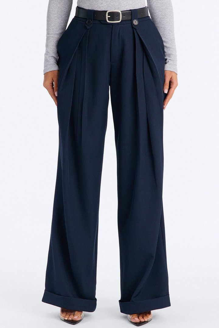 Brooklyn Mid Rise Belted Wide Leg Trouser Pant 33″ - Navy