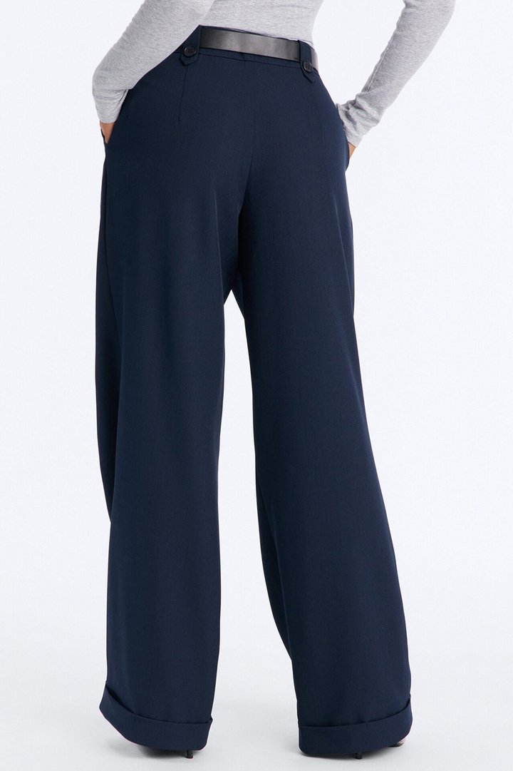 Brooklyn Mid Rise Belted Wide Leg Trouser Pant 33″ - Navy