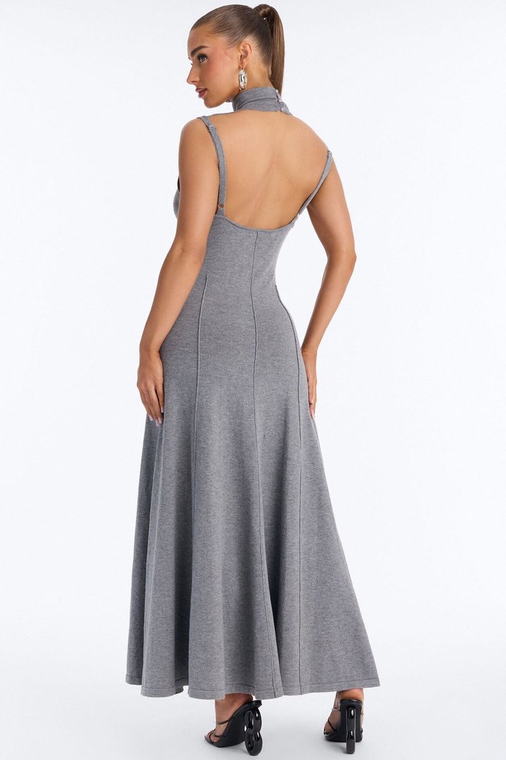 Solene Backless Sweater Maxi Dress - Charcoal