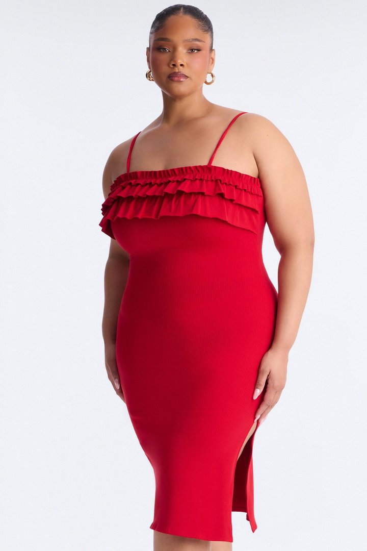Paloma Ruffle Ribbed Midi Dress - Red