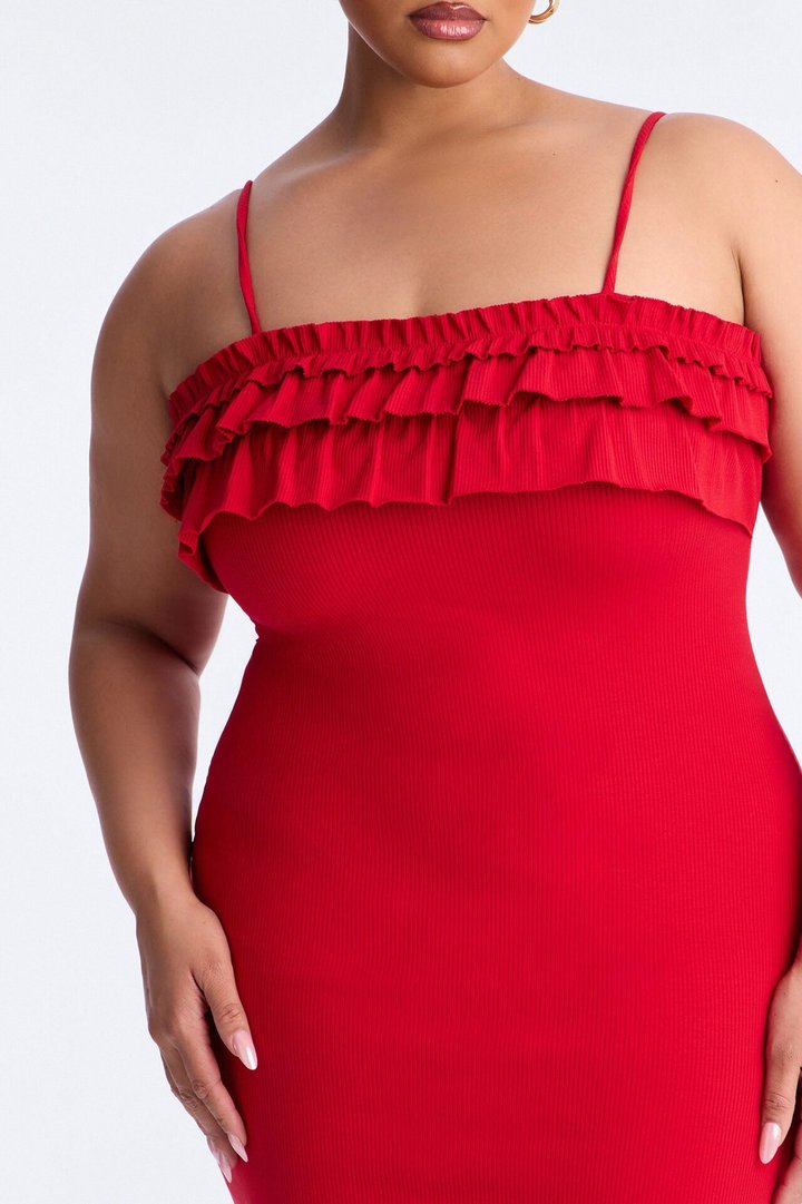 Paloma Ruffle Ribbed Midi Dress - Red