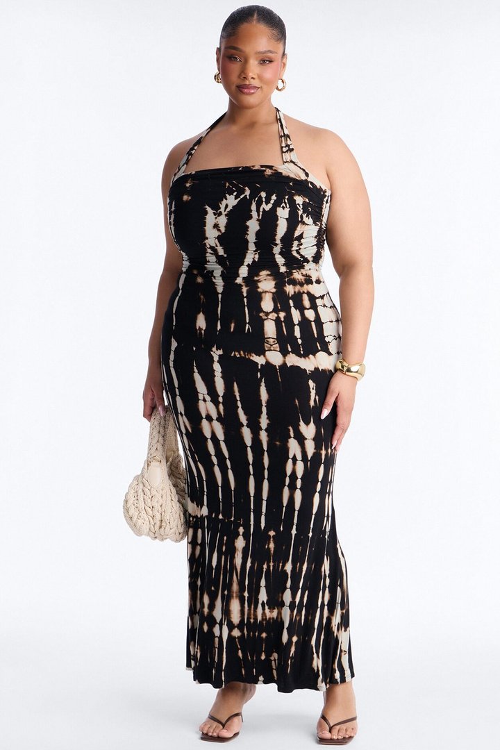 On The Horizon Tie Dye Halter Dress - Black/White