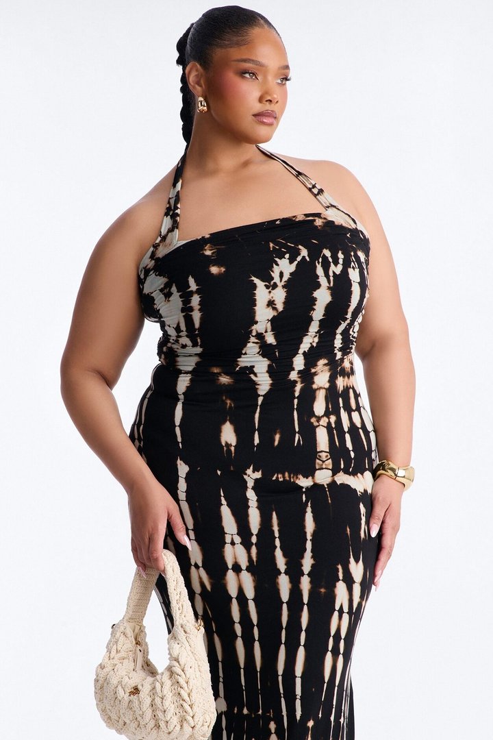 On The Horizon Tie Dye Halter Dress - Black/White
