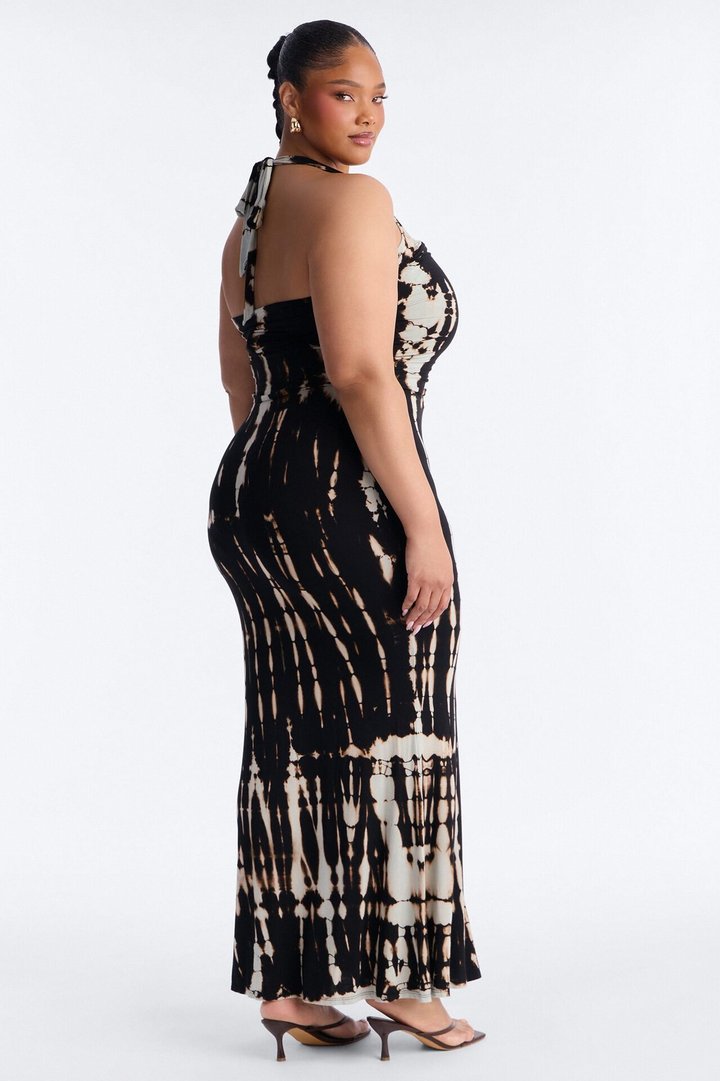 On The Horizon Tie Dye Halter Dress - Black/White