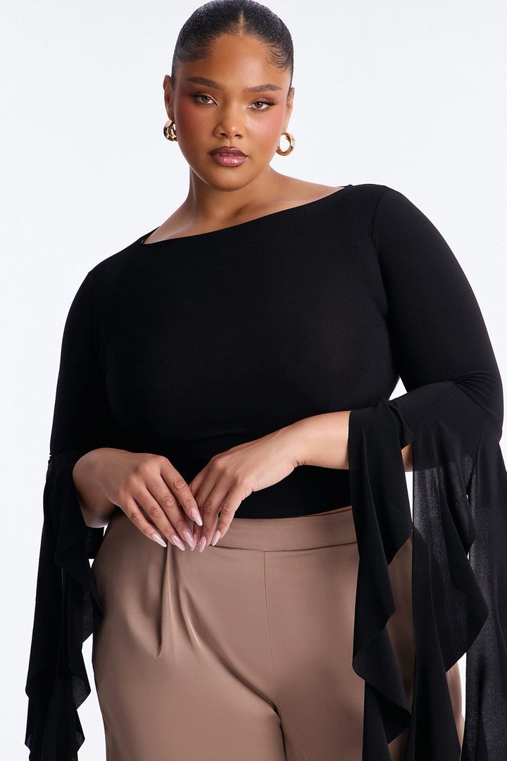 Isabella Boat Neck Ruffle Long Sleeve Top - Black