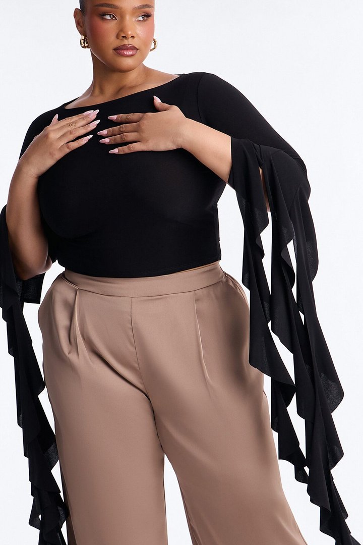 Isabella Boat Neck Ruffle Long Sleeve Top - Black