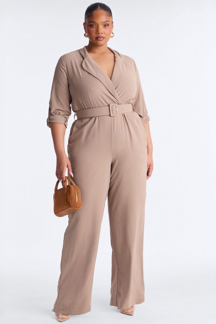 Running Around Belted Straight Leg Jumpsuit - Taupe