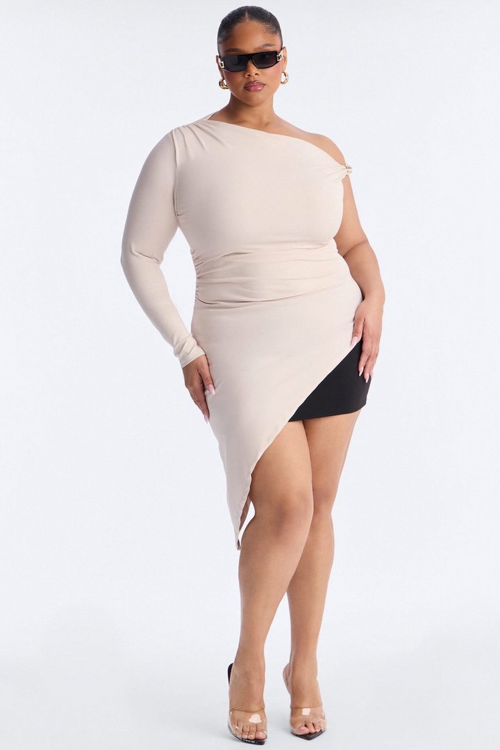 Moscow One Shoulder Asymmetrical Long Sleeve Top - Stone