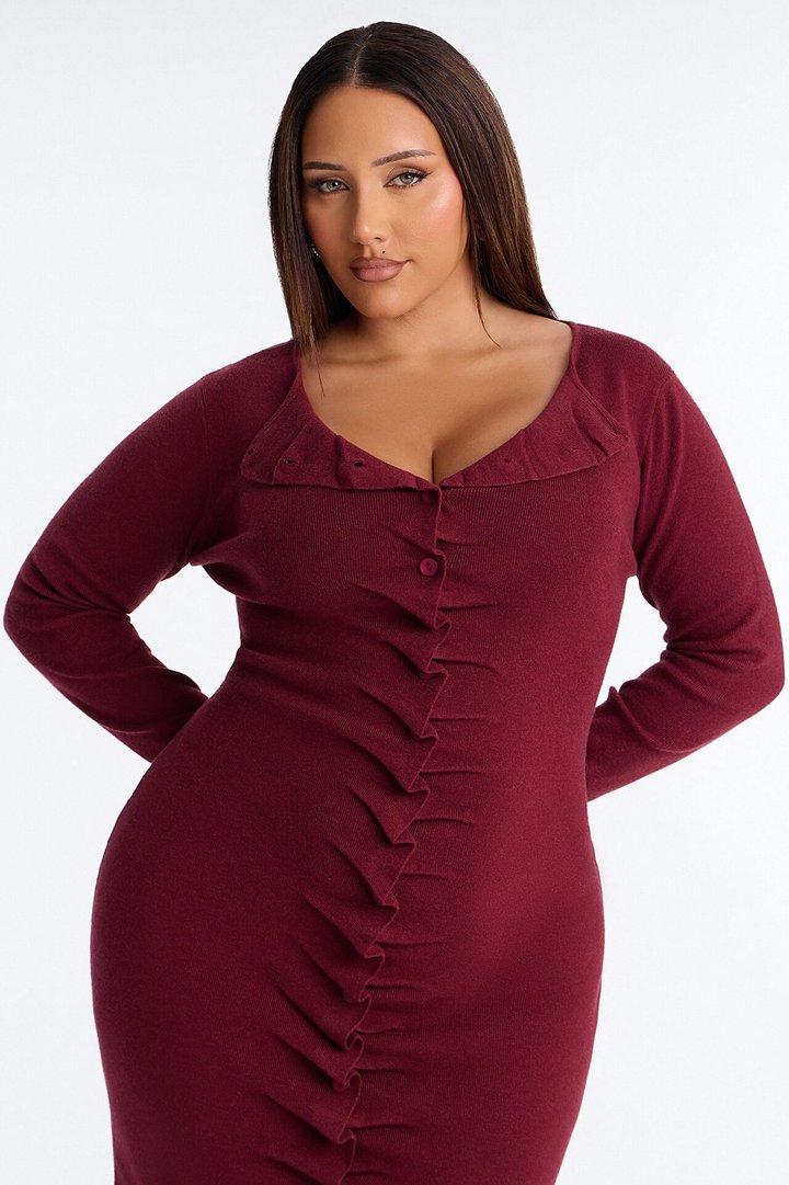 Jaime Sweater Button Up Midi Dress - Burgundy