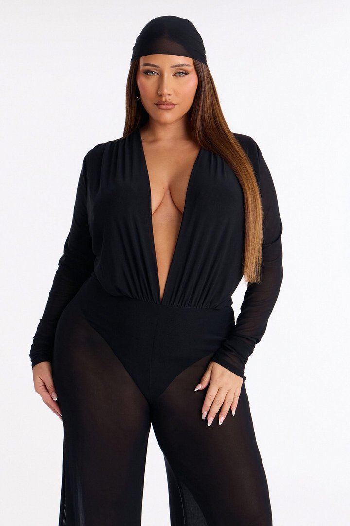Sara Plunge Neck Jumpsuit And Headscarf 2 Piece Set - Black