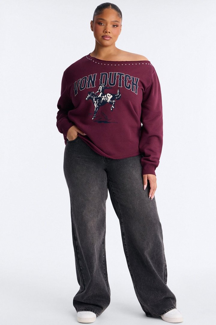 Von Dutch Western Heart Off Shoulder Studded Sweatshirt - Burgundy