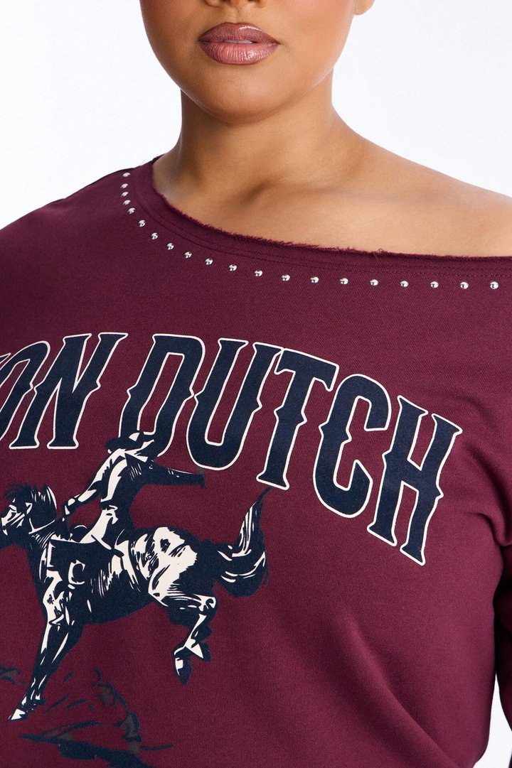 Von Dutch Western Heart Off Shoulder Studded Sweatshirt - Burgundy