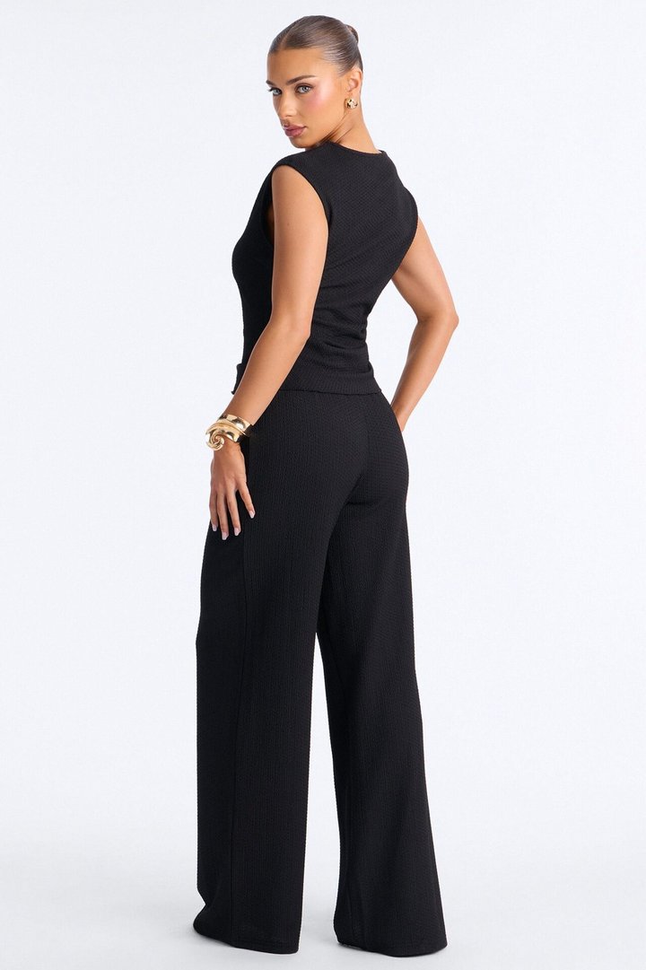 Kehlani High Neck Textured Pant Set - Black