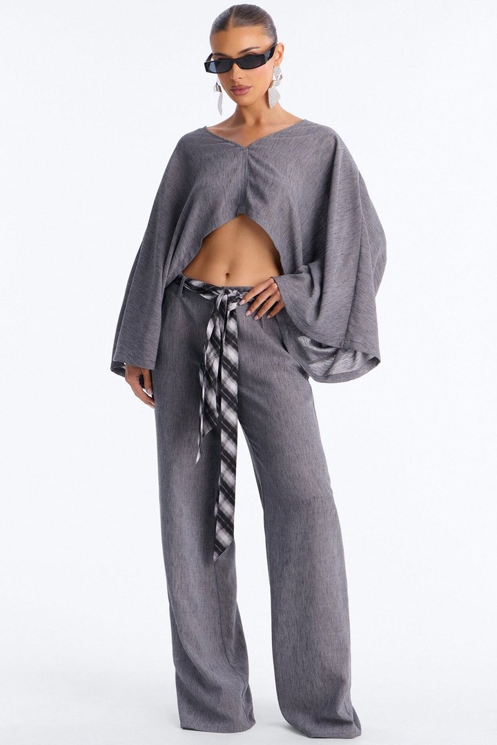 Fiora Scarf Belt Pant Set - Grey