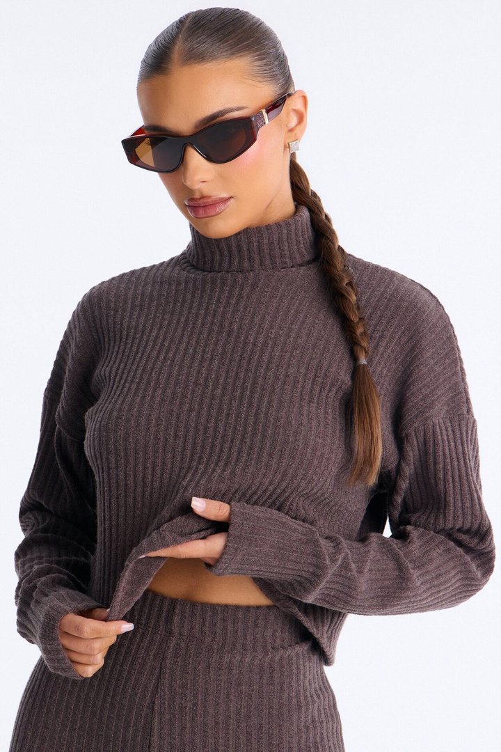 Melissa Ribbed Turtleneck Pant Set - Brown