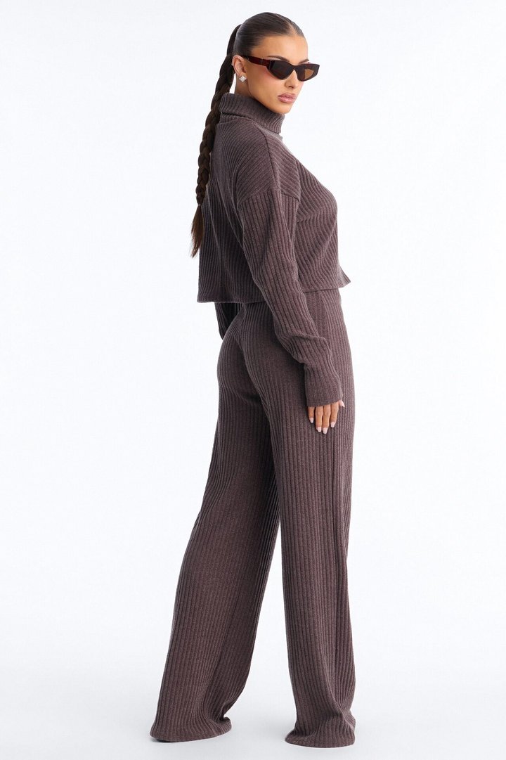 Melissa Ribbed Turtleneck Pant Set - Brown