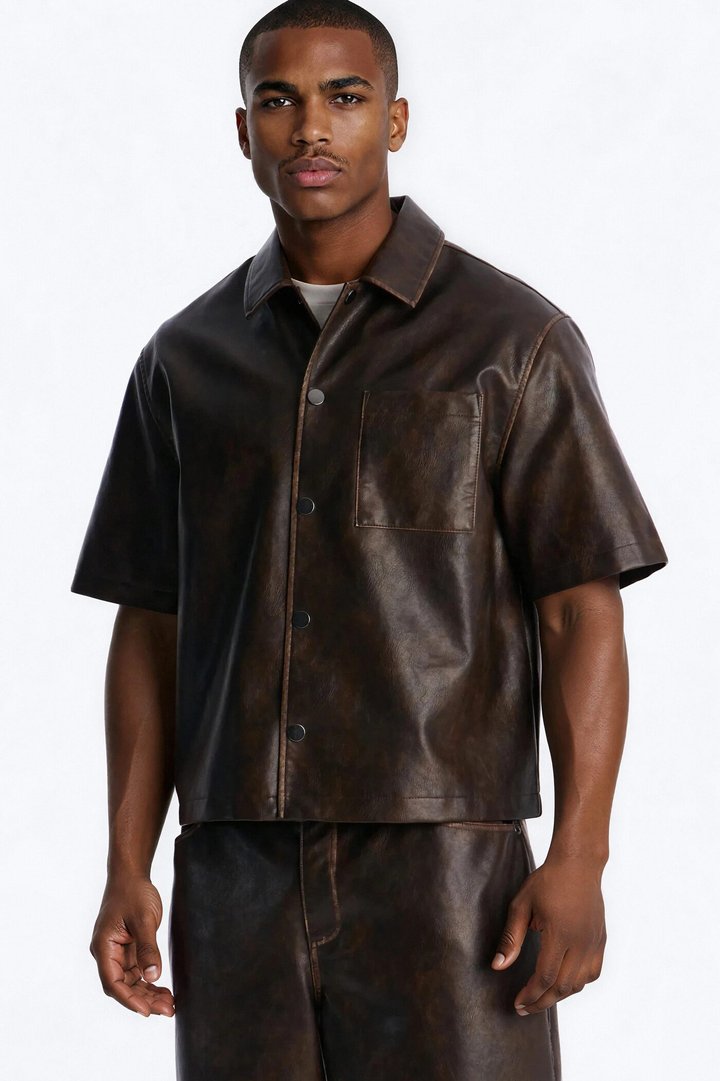 Cropped Relaxed Fordham Front Faux Leather Button Up Shirt - Brown