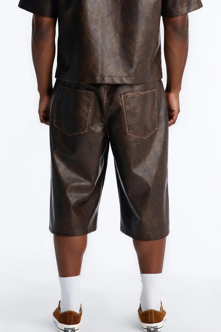 Baggy Fordham Front Faux Leather Short - Brown